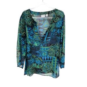 Chico's Silk Sheer Blouse Blue Green Abstract Paisley 3/4 Sleeve Size 2 Large